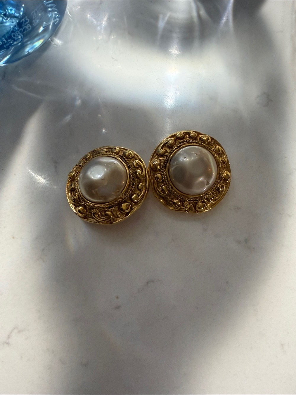CHANEL Gold-Tone Button Earrings with Pearl Centers